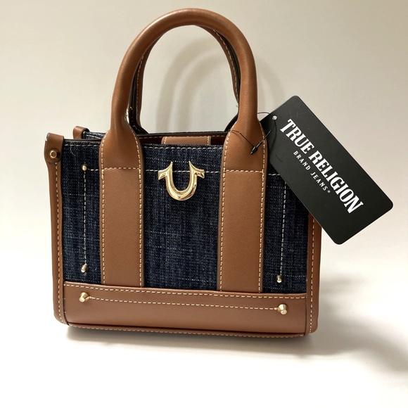 NWT Original TRUE RELIGION Dark Denim Horseshoe Mini Tote Crossbody Bag Studded - Picture 10 of 11